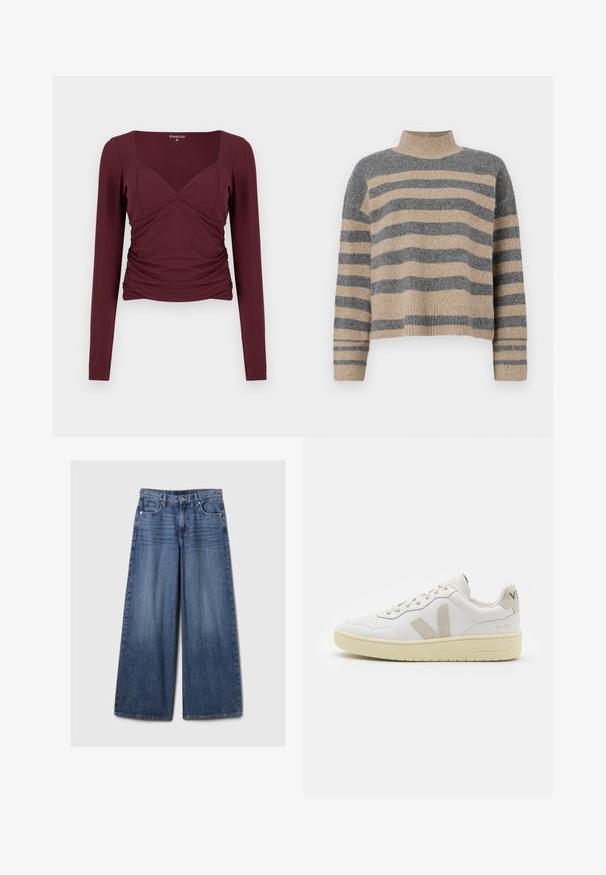 Triibuline kudumipusa, millel on hallid ja beezid toonid, kõrge kaelus, laiad mansetid ja vabalt langev lõige koos lühendatud disainiga.; Bordoopunane pikkade varrukatega top, millel on ruudukujuline kaelus, voltis küljed ja keha järgiva lõikega pehmest, venivast kangast.; Laiad sinised denimpüksid, millel on pleekinud viimistlus, nupp ja lukuga sulgemine, viis taskut ning vööaasad.; Valge nahast tenniseking, millel on beežist siidist aktsent ja aukudega varvas, lame paelad ja tekstureeritud koorevärvi tallad. Omab nüansirikast brändimist kannal.