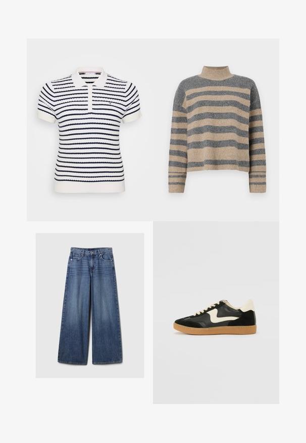 Csíkos kötött pulóver szürke és bézs színekkel, magas gallérral, széles mandzsettás ujjal és laza, rövidített fazonnal.; Fehér póló ing sötétkék vízszintes csíkokkal, bordás textúrával, két gombos nyakkal és hímzett logóval a mellkason.; Széles lábú kék farmernadrág elhalványodott felülettel, gombos és cipzáras záródással, öt zsebbel és övhurkokkal.; Fekete velúr és bőr sneaker, krém színű oldalsó swoosh-sal és világos krém színű sarokkal. Beigézett fűzőkkel és gumi talppal rendelkezik.