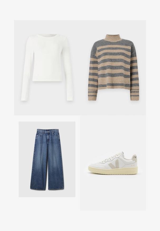 Raidallisen neulepaidan harmaan ja beigen sävyiset värit, korkea kaulus, leveät hihansuut ja rento istuvuus lyhyellä leikkauksella.; Valkoinen pitkähihaisten ribbitoppi, jossa on pyöreä kaula-aukko. Sujuva rakenne, tiukka muotoilu eikä näkyviä kuvioita tai yksityiskohtia. Yksinkertainen ja minimalistinen tyyli.; Vaaleansiniset, leveälahkeiset farkut, joissa on haalistunut viimeistely. Ne sisältävät napin ja vetskarin, viisi taskua sekä vyölenkit.; Valkoiset nahkakengät, joissa on vaaleanruskeat pigmenttisuojat, rei'itetty kärki, litteät nauhat ja teksturoitu kermaisa pohja. Takana on huomaamaton brändäys.