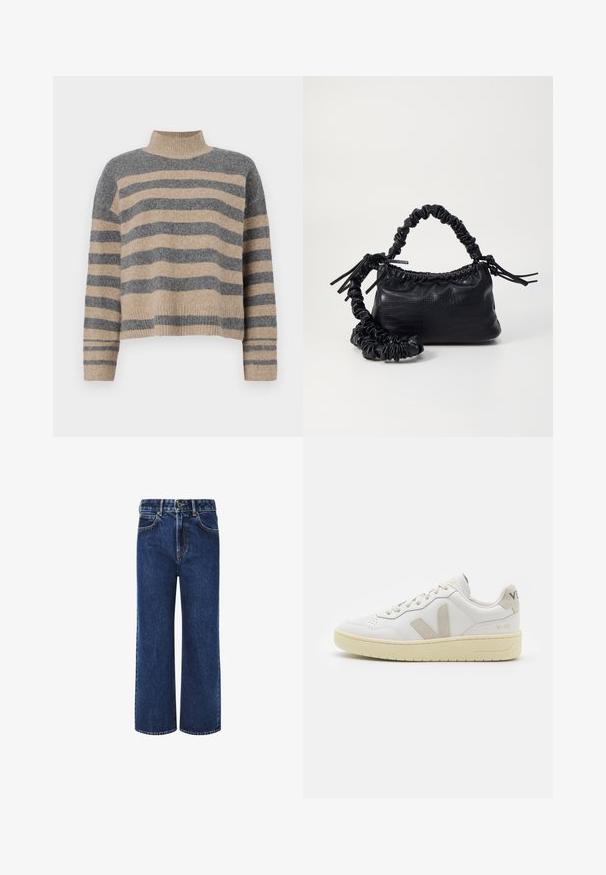 Prugasti pleteni džemper u sivoj i bež boji, s visokim ovratnikom, širokim rukavima s manžetama i opuštenim krojem koji je skraćen.; Traperice širokih nogavica u tamnoplavoj boji, s visokim strukom, dugmetom za kopčanje i klasičnim dizajnom s pet džepova i kontrastnim šavovima.; Bijele kožne tenisice s bež nubuk naglascima, perforiranim prednjim dijelom, ravnim čipkama i teksturiranom kremastom potplatom. Sadrži suptilni brend na pete.; Crna torba od umjetne kože s teksturom krokodila, s cinčanim vrhom i naboranom trakom. Izgleda mekano i kompaktno u dizajnu.