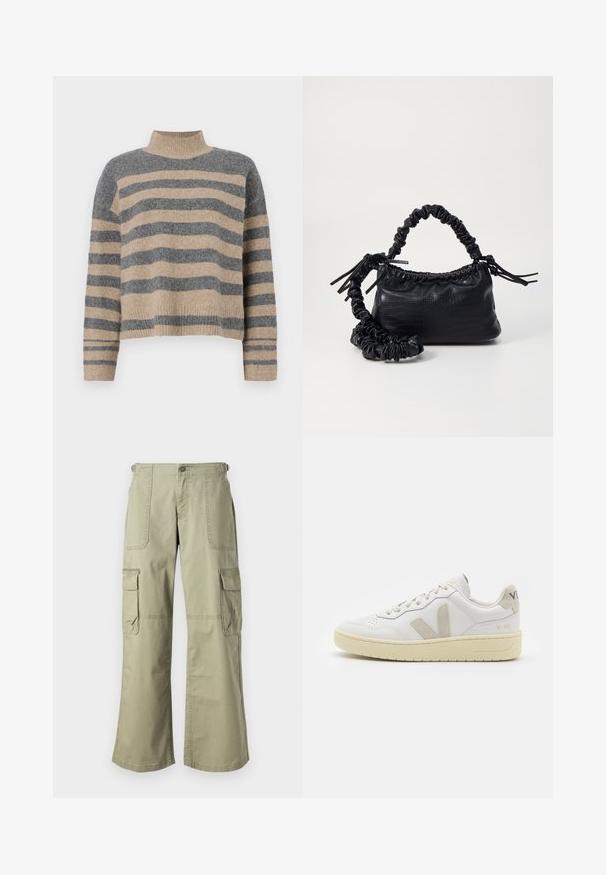 Prajčast pulover z šivi v sivi in bež barvi, visokim ovratnikom, širokimi manšetami in sproščenim krojem s skrajšano zasnovo.; Khaki cargo hlače z ohlapnim krojem, ki imajo dva stranska žepa, sprednjo zaporo na gumb in široke noge. Iz bombažnega materiala z gladko teksturo.; Bela usnjena tenisača z bež semiš poudarki, perforiranim prednjim delom, ravnimi vezalkami in strukturiranim kremnim podplatom. Ima diskretno blagovno znamko na peti.; Črna torbica iz umetnega usnja s krokodilovo teksturo, z zvitim vrhom in zmečkano naramico. Zdi se mehka in kompaktna v oblikovanju.