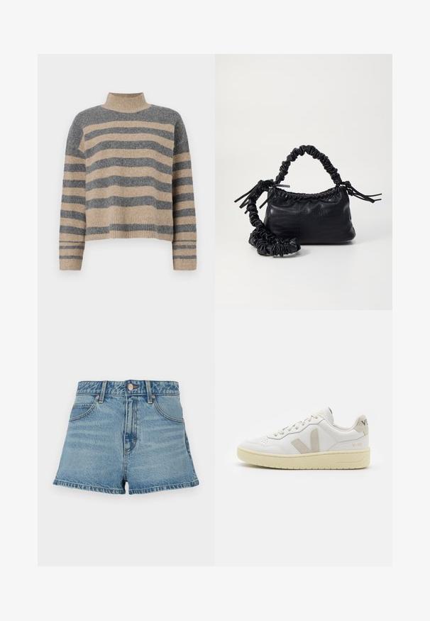 Prajčast pulover z šivi v sivi in bež barvi, visokim ovratnikom, širokimi manšetami in sproščenim krojem s skrajšano zasnovo.; Svetlo modri kavbojski kratki hlače z visokim pasom, strganimi robovi, kontrastnim šivom in sprednjimi žepi. Vključuje kovinski gumb in oznako blagovne znamke.; Bela usnjena tenisača z bež semiš poudarki, perforiranim prednjim delom, ravnimi vezalkami in strukturiranim kremnim podplatom. Ima diskretno blagovno znamko na peti.; Črna torbica iz umetnega usnja s krokodilovo teksturo, z zvitim vrhom in zmečkano naramico. Zdi se mehka in kompaktna v oblikovanju.