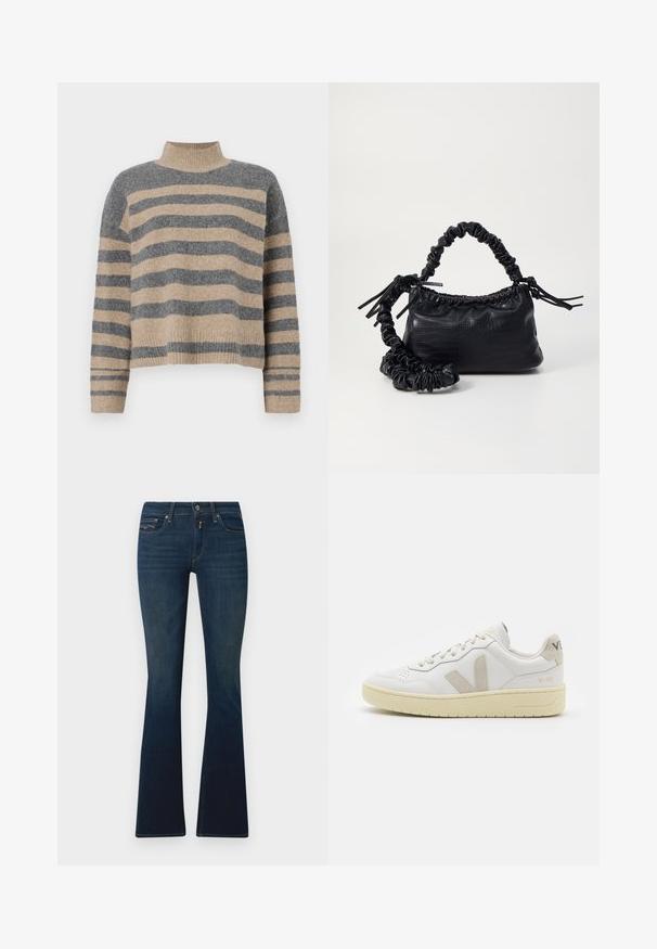 Suéter de punto a rayas en colores gris y beige, con cuello alto, mangas anchas con puños, y un corte relajado con un diseño recortado.; Vaqueros acampanados de color azul oscuro, fabricados en denim, con una cinturilla que presenta un botón en la parte frontal, bolsillos en ángulo y un sutil detalle de costura.; Zapatilla de piel blanca con acentos de ante beige, caja de puntera perforada, cordones planos y suela texturizada en color crema. Cuenta con un branding sutil en el talón.; Bolso de mano de imitación cuero negro con textura de cocodrilo, parte superior fruncida y correa arrugada. Presenta un diseño suave y compacto.