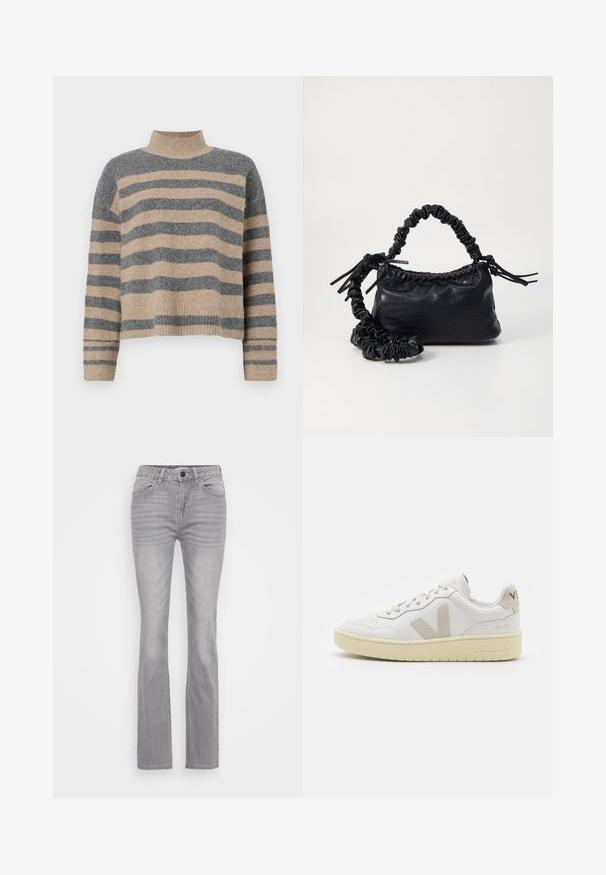 Prajčast pulover z šivi v sivi in bež barvi, visokim ovratnikom, širokimi manšetami in sproščenim krojem s skrajšano zasnovo.; Sive jeans iz trdnega denima s flared krojem, ki vključujejo klasičen pet-žepni stil in zapenjanje na gumb. Teksturno blago z rahlim bledim vzorcem.; Bela usnjena tenisača z bež semiš poudarki, perforiranim prednjim delom, ravnimi vezalkami in strukturiranim kremnim podplatom. Ima diskretno blagovno znamko na peti.; Črna torbica iz umetnega usnja s krokodilovo teksturo, z zvitim vrhom in zmečkano naramico. Zdi se mehka in kompaktna v oblikovanju.