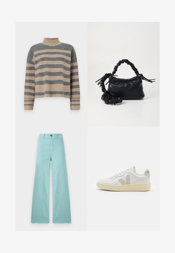 Stripet strikkegenser som har grå og beige farger, høy hals, brede mansjetter og en avslappet passform med kort design.; Vide benklær laget av lys blått stoff med en frynset kant. Har hempe lukking og standard lommer. Jevn tekstur gjennom hele.; Hvite lær sneakers med beige semsket detaljer, perforert tåboks, flate lisser og en teksturert kremfarget såle. Har subtil branding på hælen.; Svart faux skinn-håndveske med krokodilletekstur, strammet topp og en rynket stropp. Ser myk og kompakt ut i designen.