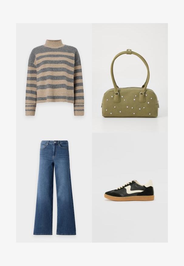 Dryžuotas mezginys su pilkos ir smėlio spalvomis, aukštu kaklu, plačiomis rankovėmis su atvartais ir laisvu siluetu, trumpesnio ilgio.; Platus džinsų modelis mėlynos spalvos su standartiniu liemeniu, priekinėmis kišenėmis ir sklandžiu paviršiumi. Matomų raštų ar puošmenų nėra.; Juodos zomšo ir odos sportinės bateliai su kreminiu šoniniu swoosh ir šviesiai kreminiu kulnu. Ypatybės - smėlio spalvos raišteliai ir guminis padas.; Alyvuogių žalios spalvos dirbtinės suknelės rankinės su sidabrinėmis žvaigždutėmis ir kalnų kristalais. Yra dvi trumpesnės rankenos ir užtrauktukas viršuje.