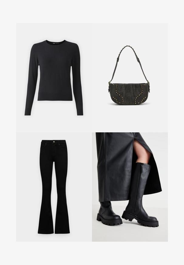 Černý svetr s dlouhými rukávy vyrobený z měkkého materiálu, s kulatým výstřihem a ribbovaným lemem. Jednoduchá, hladká textura bez viditelných vzorů.; Černé vysoké džíny s knoflíkem a zipovým zapínáním, předními kapsami a rozšířenými nohavicemi, ležící na bílé podložce.; Černé kozačky po kolena s hrubou podešví, hladkým koženým povrchem, bočním zipem a minimalistickým designem, v kombinaci s černou sukní s rozparkem.; Černá semišová kabelka s zakřiveným designem, zdobená nýty a texturovaným povrchem. Nastavitelný popruh s cvočkovými detaily podél okraje.