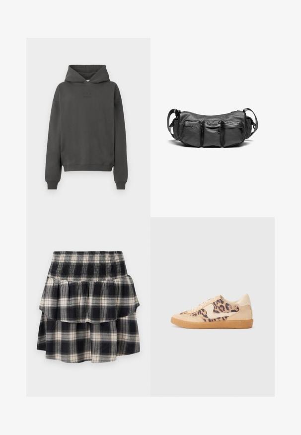 Tamsiai pilka hoodie, pagaminta iš minkštos medžiagos, su šnoruojama kapuce, ruožuotais rankogaliais ir diskretiškai atspausdintu logotipu priekyje.; Juoda ir balta langelių rašto sluoksniuota sijonė su elastine juosmena. Pasižymi raukšlėmis ir minkšta medvilnės tekstūra.; Leopardų rašto sportiniai batai su smėlio spalvos zomšiniu viršumi, rusvu guminiu padu ir baltais akcentais. Apvalus nosis ir raištelių užsegimas su tekstūruotu paviršiumi.; Juodas odinis krepšys per petį su tekstūriniu paviršiumi. Yra trys išoriniai kišeniai ir reguliuojama dirželis. Kompaktiška, apvali forma.