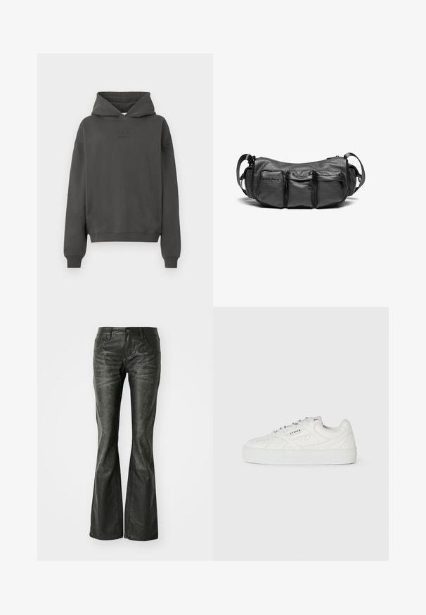 Mørkegrå hoodie lavet af blødt materiale, med snøre i hætten, ribbekantede manchetter og et diskret logo trykt på fronten.; Sorte faux læder flared jeans med forlommer, en metalknaplukning og en let tekstureret overflade. Ret ben med en lang skæring.; Hvide lavtop sneakers med snørebånd, perforerede detaljer og "CPNHGN" trykt på siden, på en ensfarvet hvid baggrund.; Sort læder crossover taske med en struktureret overflade. Har tre udvendige lommer og en justerbar rem. Kompakt, rund form.