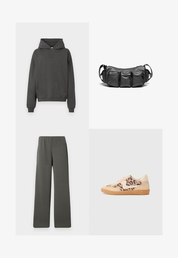 Sudadera gris oscuro hecha de un material suave, con capucha ajustable, puños acanalados y un logo discreto impreso en la parte frontal.; Pantalones de pierna ancha de tiro alto en gris oscuro con cinturilla elástica, dispuestos sobre un fondo blanco.; Zapatillas de leopardo con parte superior de ante beige, suela de goma marrón y acentos blancos. Punta redonda y diseño con cordones con un acabado texturado.; Bolso cruzado de cuero negro con un acabado texturizado. Presenta tres bolsillos exteriores y una correa ajustable. Forma compacta y redondeada.