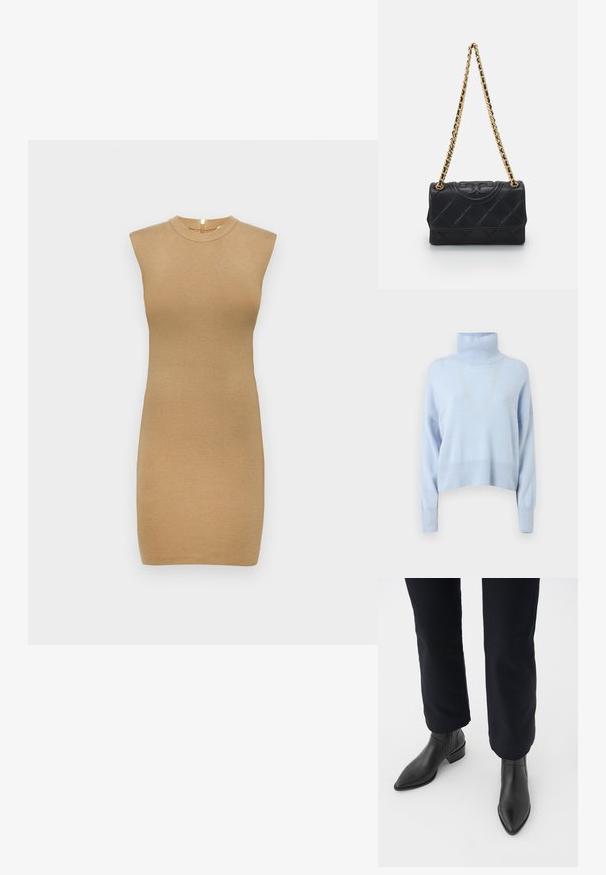 Lyseblå turtleneck sweater lavet af blødt stof, med et cropped design, lange ærmer og ribbede manchetter og kant.; Strikket ærmeløs kjole i lys beige med høj halsudskæring og tætsiddende silhuet. Glat tekstur med minimal dekoration.; Sorte læder ankelstøvler med spids tå, blokhæl og teksturerede sidepaneler, båret med mørke bukser mod en hvid baggrund.; Sort quiltet læderhåndtaske med en guldkæde rem, der har et struktureret logo på fronten og en rektangulær form.