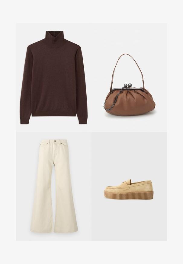 Pulover cu gât înalt de culoare maro, fabricat dintr-un material moale, cu un design ajustat și o guleră ribată. Mâncile lungi și o textură netedă fără modele.; Jeans flared de culoare bej deschis, din bumbac. Au talie înaltă, cinci buzunare și un sistem de închidere cu buton, cu detalii de cusătură în contrast.; Loferi slip-on din suede bej, cu o talpă texturată de culoare maro, având vârful plat și o curea decorativă peste partea superioară.; Geantă de mână din piele maro, cu un design plisat, un mânere scurt din piele și o curea din lanț. Are un închizător din metal argintiu cu două accente rotunde.