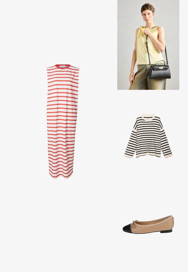 Gestreepte pullover trui met een zwart en crème patroon, gemaakt van textuurstof, met lange mouwen en een ronde halslijn.; Mouwloze midi-jurk in het wit met rode horizontale strepen, gemaakt van zachte, ademende stof. Eenvoudige ronde halslijn, relaxte fit.; Ballett balletflat van beige leer met een zwarte punt. Heeft een strikdetail aan de voorkant en een gladde textuur. Laag profiel ontwerp met een rubberen zool.; Zwarte leren handtas met een gestructureerd ontwerp, een bovenhandvat en een verstelbare schouderriem. Strakke textuur en een gouden hardware sluiting detail.