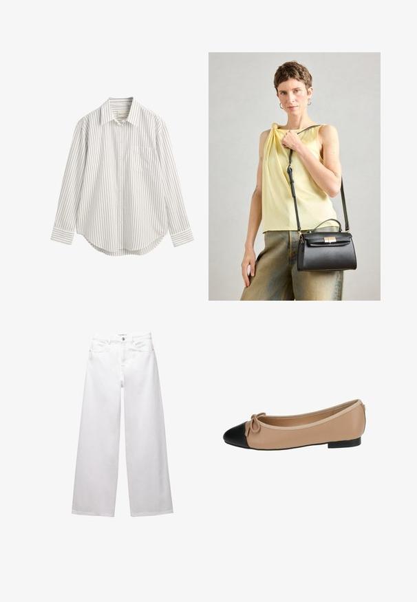 Raidallinen villapaita, jossa on musta ja kerma väri, valmistettu teksturoidusta kankaasta, pitkät hihat ja pyöreä kaula-aukko.; Valkoinen napillinen paita, jossa on kapeita tummansinisiä raitoja, pitkät hihat, etutasku ja pyöristetty helma. Valmistettu kevyestä puuvillaseoksesta.; Valkoiset leveät farkut, jotka on valmistettu denimestä. Varustettu nappikiinnityksellä, etu- ja takataskuilla sekä ommelluilla saumoilla. Sujuva pinta, jossa on minimaalinen yksityiskohtaisuus.; Beige nahka ballet-tossut, joissa on musta kärki. Ominaisuuksiin kuuluu edessä oleva nauhakulma ja sileä pinta. Matala profiili, jossa on kumipohja.; Musta nahkalaukku, jossa on jämäkkä muotoilu, yläkahva ja säädettävä hihna. Sileä pinta ja kultainen kiinnitysdetail.