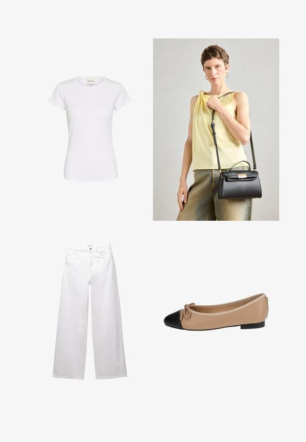 Gestreepte pullover trui met een zwart en crème patroon, gemaakt van textuurstof, met lange mouwen en een ronde halslijn.; Witte T-shirt met korte mouwen van zacht katoen, voorzien van een ronde hals en een subtiel geborduurd logo op de borst. Klassieke fitted pasvorm.; Witte wijde denim jeans. Voorzien van een knoopsluiting, voor- en achterzakken, en gestikte naden. Soepele textuur met minimale details.; Ballett balletflat van beige leer met een zwarte punt. Heeft een strikdetail aan de voorkant en een gladde textuur. Laag profiel ontwerp met een rubberen zool.; Zwarte leren handtas met een gestructureerd ontwerp, een bovenhandvat en een verstelbare schouderriem. Strakke textuur en een gouden hardware sluiting detail.