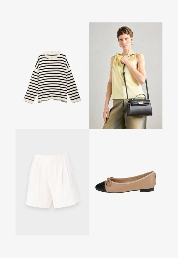 Csíkos pulóver, fekete és krém színű mintával, textúrált anyagból készült, hosszú ujjú és kerek nyakú.; Fehér vászon rövidnadrág, testre szabott fazonnal, plisszé részletekkel, sima textúrával és tiszta, egyenes szegéllyel.; Beige bőr balerina cipő fekete orral. Elöl masni díszítéssel és sima felülettel rendelkezik. Alacsony profilú kialakítás, gumitalppal.; Fekete bőrtáska strukturált dizájnnal, felső fogantyúval és állítható pánttal. Simás textúra és arany színű záróelem részlet.