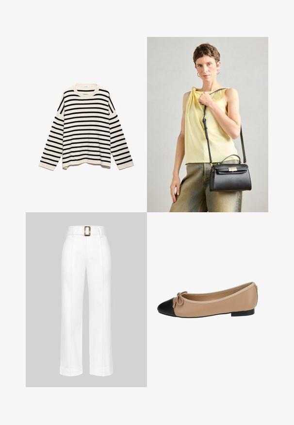 Sweater de pullover a rayas con un patrón en negro y crema, hecho de tela texturizada, con mangas largas y un escote redondeado.; Pantalones de pierna ancha blancos, fabricados en algodón. Presentan una cintura alta con una gran hebilla rectangular, y detalles cosidos a lo largo de las piernas.; Bailarinas de cuero beige con punta negra. Presentan un detalle de lazo en la parte delantera y una textura suave. Diseño de perfil bajo con suela de goma.; Bolso de mano de cuero negro con un diseño estructurado, asa superior y correa ajustable. Textura suave y detalle de cierre en dorado.
