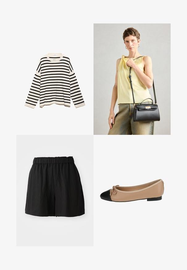 Svītrainā džemperis ar melnu un krēmkrāsas rakstu, izgatavots no teksturēta auduma, ar garām piedurknēm un apaļu kakla izgriezumu.; Melnas šortus ar elastīgu jostu, kas raksturo brīvs piegriezums, gluda tekstūra un ceļu garuma griezums. Nav redzamu rakstu vai aparatūras.; Beigā ādas baleta kurpes ar melnu purngalu. Iekļauj priekšējo loku detaļu un gludu tekstūru. Zema profila dizains ar gumijas zoli.; Melnas ādas rokassomu ar strukturētu dizainu, augšējo rokturi un regulējamu siksnu. Gluda tekstūra un zelta aksesuāru sprādzes detaļa.