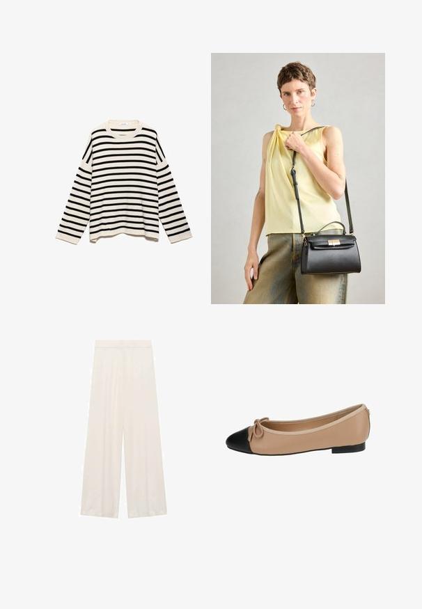 Gestreifter Pullover mit einem schwarz-weißen Muster, aus strukturiertem Stoff, mit langen Ärmeln und einem runden Halsausschnitt.; Weite Hosen aus leichtem Stoff in einem einfarbigen, cremigen Weiß, mit glatter Textur und ohne sichtbare Muster oder Hardwaredetails.; Ballettflats aus beigem Leder mit einer schwarzen Kappe. Mit einer vorderen Schleifenverzierung und einer glatten Textur. Niedriges Profil mit einer Gummisohle.; Schwarze Lederhandtasche mit strukturiertem Design, obenem Griff und verstellbarem Riemen. Glatte Textur und ein Verschlussdetail aus goldfarbener Hardware.