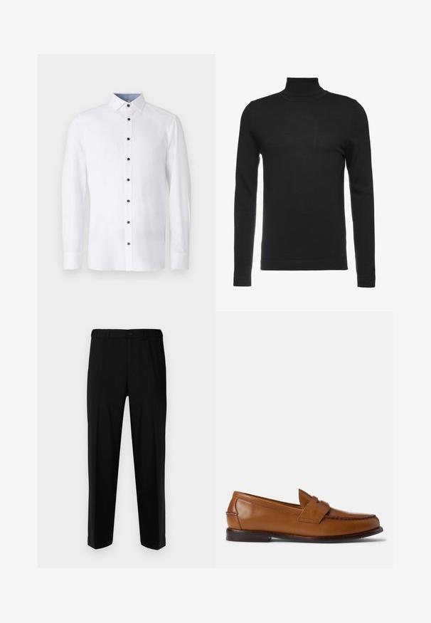 Sort turtleneck sweater lavet af blødt, ribbet stof. Tætsiddende design med lange ærmer og høj krave. Minimalistisk stil, ingen synlige mønstre.; Hvid langærmet skjorte med klassisk krave, sorte knapper ned ad fronten og kontrasterende lyseblå detalje ved indersiden af kraven. Glat stoftekstur.; Sorte bukser lavet af glat stof, med lige snit, to forlommer og lynlås med knaplukning.; Brune læder loafers med flad sål, rund tå og dekorativ syning. Har en syet detalje hen over toppen og en glat overflade.