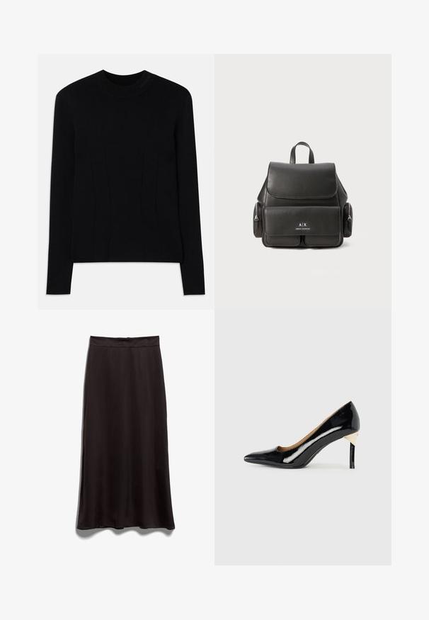 Juodas ilgomis rankovėmis megztinis su apykakle, pagamintas iš lygaus audinio. Turi vertikalius siūlus struktūrai ir tekstūruotą prekės ženklą ant apykaklės.; Juodas satino midi sijonas su lygiu paviršiumi, tiesia forma ir juosmeniu. Matomų raštų ar aksesuarų detalių nėra.; Juodas lakinės odos aukštakulnis batelis su smailiu noseliu ir išpjovų dizainu; turi elegantišką auksinį akcentą ant kulno. Paprastas ir elegantiškas.; Juodas odinis kuprinė su uždengimu, priekinė kišenė, šoninės užtrauktukų kišenės ir viršutinė rankena. Priekyje yra logotipo detalizavimas.