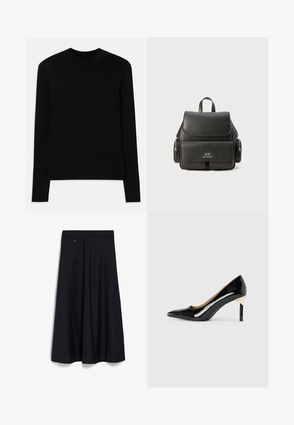 Must musträkk, millel on ümar kaelus, valmistatud siledast kangast. Omab vertikaalseid õmblusi struktuuri jaoks ja tekstureeritud brändimist kaeluse peal.; Must must pikk, laia ja voolava disainiga must seelik. Omab lapikute esiosadega vöökoht ja üht nuppu esikoti detailil.; Must musta kõrge kontsaga king, millel on terav nina ja lõikekujundus; sisaldab peent kuldset aktsenti kontsal. Lihtne ja elegantne.; Must must nahk Seljakott klapi sulgemisega, esikoti, külgsete tõmblukkudega sektsioonide ja ülemise käepidemega. Esiküljel on logo detailid.