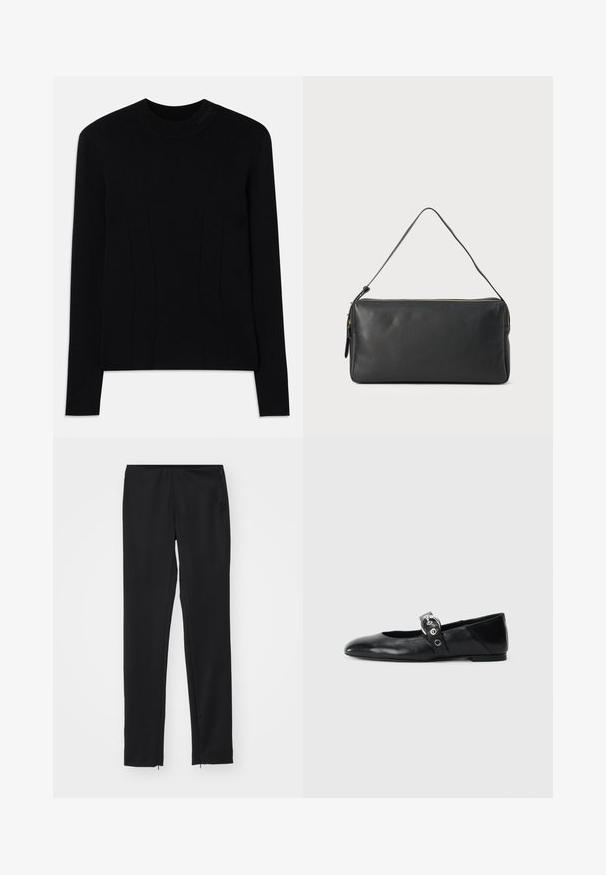 Black long-sleeve sweater with a round neck, made from a smooth fabric. Features vertical seams for structure and textured branding on the collar.; Black, slim-fit trousers with an elastic waistband, smooth texture, and zip accents at the hem. Made from lightweight fabric.; Black leather ballet flats with a pointed toe, featuring a strap with a circular metallic buckle and a flat sole.; Black leather handbag with a slim rectangular shape, zip closure, and a single shoulder strap. Features a smooth texture and minimalistic design.