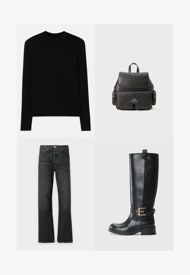 Juodas ilgomis rankovėmis megztinis su apykakle, pagamintas iš lygaus audinio. Turi vertikalius siūlus struktūrai ir tekstūruotą prekės ženklą ant apykaklės.; Juodos džinsinės kelnės tiesiu sijonu, su vario detalėmis, klasikiniu penkių kišenių dizainu ir šiek tiek išblukusia tekstūra.; Juoda odinė aukščiau kelių batas su žemu bloku kulnu, dekoratyvi auksinė sagtis aplink čiurną ir traukiantis kilpelis viršuje.; Juodas odinis kuprinė su uždengimu, priekinė kišenė, šoninės užtrauktukų kišenės ir viršutinė rankena. Priekyje yra logotipo detalizavimas.