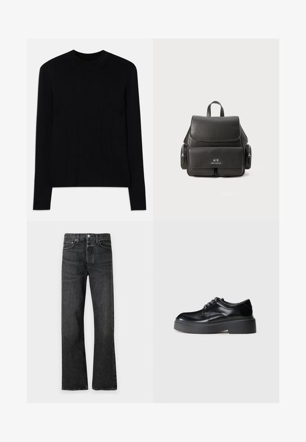 Pull noir à manches longues avec un col rond, fabriqué à partir d'un tissu lisse. Présente des coutures verticales pour la structure et un logo texturé sur le col.; Jean en denim noir avec une coupe droite, dotés de garnitures en laiton, d'un design classique à cinq poches et d'une texture légèrement décolorée.; Chaussures en cuir noir à bout arrondi, avec une semelle épaisse et une décoration en dentelle. Texture lisse et couture contrastée visibles.; Sac à dos en cuir noir avec un rabat de fermeture, poche frontale, compartiments latéraux à zip et une poignée supérieure. Présente des détails de logo à l'avant.