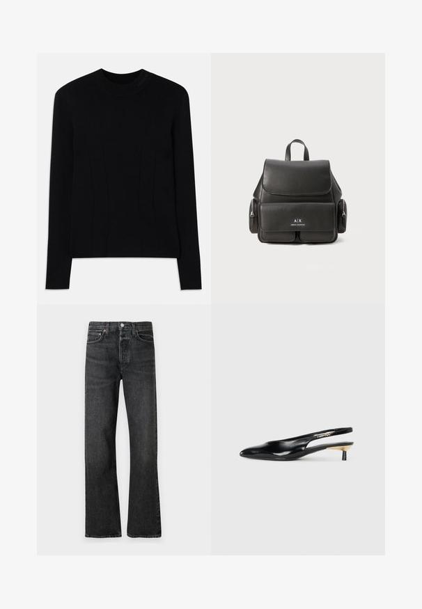 Svart langermet genser med rund hals, laget av et glatt stoff. Har vertikale sømmer for struktur og teksturert merkevare på kragen.; Svarte denimjeans med rett benkutt, med kopperdetaljer, klassisk fem-lommers design og en svak slitthet.; Sorte slingback pumps med spiss tå, glanset skinnfinish og en liten hæl med gullakcent. Elegant design med åpen bak.; Svart skinnryggsekk med klafflukkning, frontlomme, sidelommer med glidelås og et håndtak på toppen. Har logo-detaljer på forsiden.