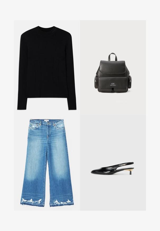 Black long-sleeve sweater with a round neck, made from a smooth fabric. Features vertical seams for structure and textured branding on the collar.; RE/DONE PALAZZO - Wide Leg - minerva; Black slingback pump with a pointed toe, glossy leather finish, and a small heel with a gold accent. Sleek design with a open back.; Black leather backpack with a flap closure, front pocket, side zipper compartments, and a top handle. Features logo detailing at the front.