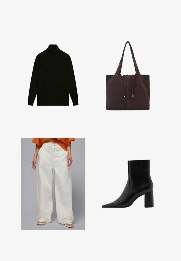 Svart långärmad polotröja med en enkel design och tighta ärmslut på vit bakgrund.; Breda vita denimbyxor med sidofickor och rak skärning, med knappstängning och kontrasterande sömdetaljer.; Mango NONO - Klassiska stövletter - black; Mango Shoppingväska - dark brown