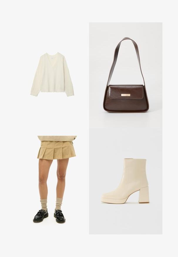 V-hals, cremefarvet sweater med ribbet tekstur, løs pasform og lange ærmer. Blødt materiale, cropped længde og med et subtilt strikmønster.; Khaki plisseret nederdel lavet af bomuld, parret med sorte loafers med frynser og lysebrune ribbede sokker. Enkel, afslappet outfit.; Beige læder ankelstøvle med blokhæl og platformssål, glat overflade og let firkantet tå, vender til venstre på hvid baggrund.; Brun læder skuldertaske med en struktureret form, der har en magnetisk klaplukning og en metallisk logoaccents på forsiden.
