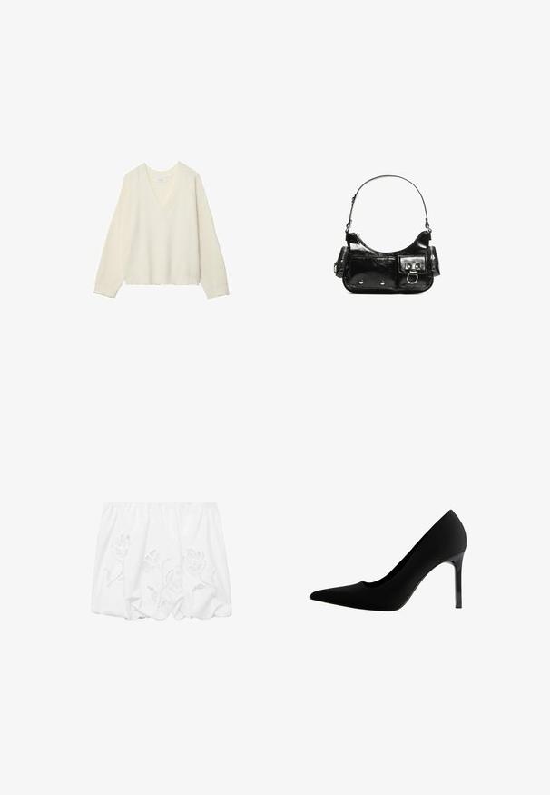 Sveter s výstrihom do V, krémovej farby, s rebrovanou textúrou, vo voľnejšom strihu a dlhými rukávmi. Mäkký materiál, skrátená dĺžka, s jemným pleteným vzorom.; Biela off-shoulder blúzka vyrobená z ľahkej tkaniny, s kvetinovou výšivkou a naberaným dizajnom pozdĺž elastického výstrihu.; Čierne lodičky na vysokom opätku s špicatou špičkou, hladkým matným materíálom, štíhlym opätkom a jemným výrezom v oblúku.; Čierna laková kožená kabelka s ohnutým tvarom, jedným ramenným popruhom, prednými vreckami a striebornými kovovými doplnkami.