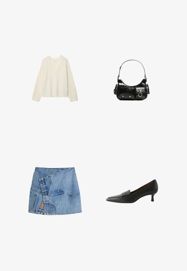 Maglione a V, di colore crema, con texture a costine, dalla vestibilità ampia e maniche lunghe. Materiale morbido, lunghezza cropped, con un delicato motivo a maglia.; Gonna in denim con design a taglio, colore azzurro chiaro, dettagli di cucitura visibili e chiusura con bottoni. Tessuto testurizzato con tasche.; Scarpa nera in pelle con tacco e punta affusolata, dotata di una fascia decorativa. Presenta un tacco a stiletto basso e una superficie liscia.; Borsa a spalla in vernice nera con forma curvata, una tracolla, tasche frontali e dettagli in metallo argentato.