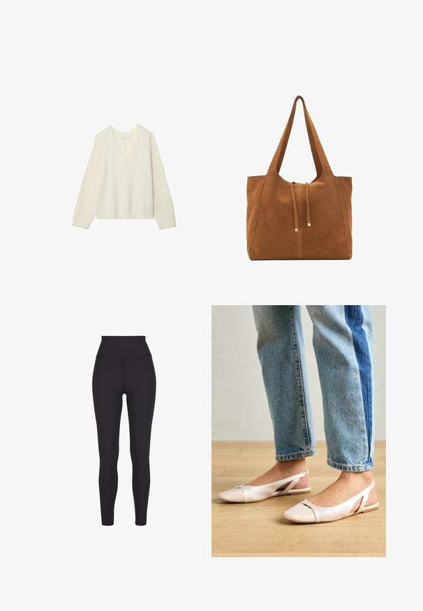 Sweter w kolorze kremowym z dekoltem w serek, o prążkowanej strukturze, luźnym kroju i długich rękawach. Miękki materiał, skrócona długość, z delikatnym wzorem dzianiny.; Czarne legginsy z wysokim stanem, wykonane z elastycznego materiału, o gładkiej fakturze i dopasowanym kroju bez widocznych szwów czy wzorów.; Jasnoróżowe baleriny na odkrytej pięcie z wąskim noskiem, wykonane z gładkiego materiału imitującego skórę. Posiadają wycięcia po bokach oraz płaski obcas.; Brązowa torba tote z zamszu z dwoma długimi paskami, zamknięciem na sznurek i minimalistycznym wzornictwem. Gładka tekstura i brak widocznych akcentów metalowych.