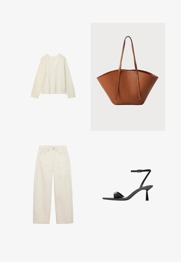 Krémový svetr s výstřihem do V, ribovanou strukturou, volným střihem a dlouhými rukávy. Měkký materiál, zkrácená délka, s jemným pleteným vzorem.; Béžové široké džíny vyrobené z bavlny, s vysokým pasem, dvěma předními kapsami a kontrastními švy. Klasický denimový design s uvolněným střihem.; Bershka Sandály na vysokém podpatku - black; Hnědá kožená taška přes rameno s širokým, strukturovaným tvarem, tenkými ušima a texturovaným povrchem. Disponuje minimalistickým designem bez viditelného kovového hardwaru.