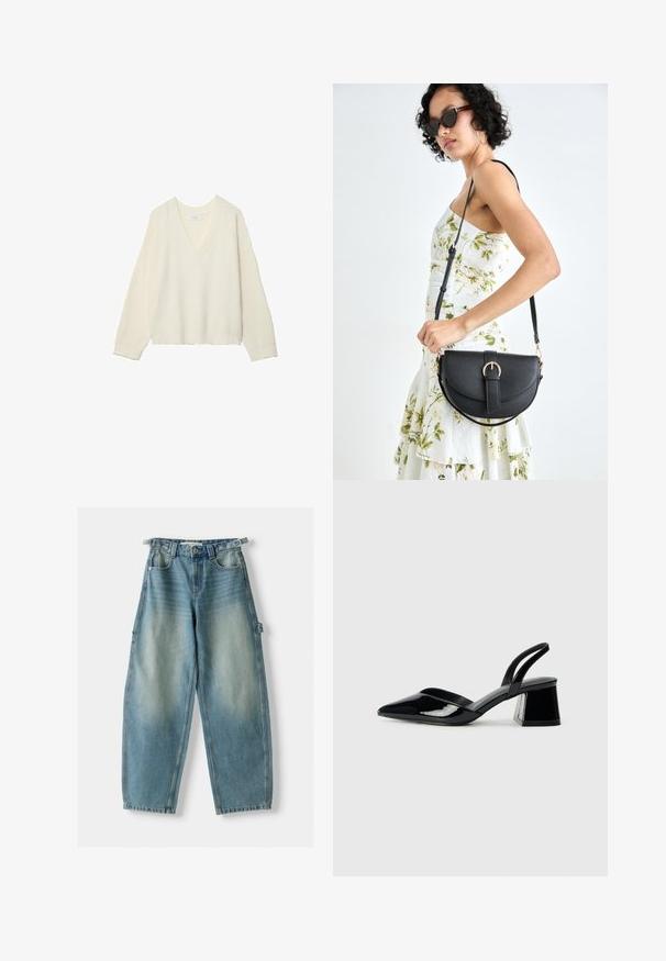 V-neck, cream sweater with ribbed texture, loose fit, and long sleeves. Soft material, cropped length, featuring a subtle knit pattern.; High-waisted, light blue denim jeans with a loose fit. Features include a button closure, belt loops, and side pockets.; Black patent leather slingback heels with a pointed toe and a geometric block heel. Features a sleek, minimal design and smooth texture.; Black leather handbag with a curved shape, detachable strap, and gold hardware. The bag features a flap with a buckle detail.