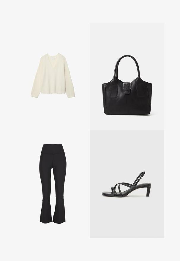 V-izrez, kremasti pulover s rebrastom teksturom, slobodnog kroja i dugim rukavima. Mekan materijal, skraćena dužina, s suptilnim pletenim uzorkom.; Crne ležerne tajice izrađene od rastezljive, glatke tkanine. Visok struk i prorezi na dnu nogavica dodaju dodatne detalje dizajnu.; Crne sandale s trakama, kvadratnim prstom i niskom blok petom. Ima više tankih trakica i podesivu trakicu oko gležnja. Izrađene su od glatke kože.; Crna kožna torba za nošenje s glatkom teksturom, strukturiranim oblikom, dvije ručke i istaknutim srebrnim kopčanjem na prednjoj strani.