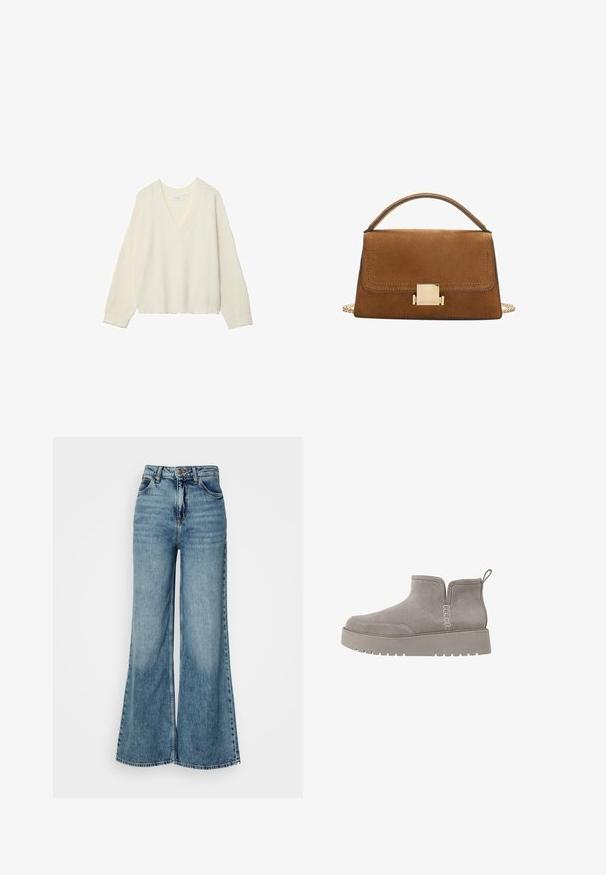 V-ringad, krämfärgad tröja med ribbad struktur, lös passform och långa ärmar. Mjuk material, kort längd, med ett subtilt stickat mönster.; Högmidjade, ljusblå jeans med vida ben och framfickor samt knapplås, visade mot en enkel vit bakgrund.; Grå mocka ankelstövel med låg profil, elastiska sidopaneler och en strukturerad gummisul. Har en dragflik för enkel påtagning.; Brun mockaklänningshandväska med ett guld fyrkantigt spänne, topphandtag och kedjesnodd. Har en rektangulär form och rundade kanter.