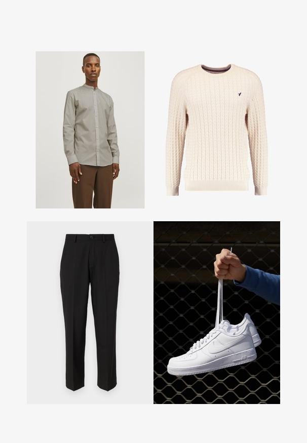 Krémový sveter s káblovým pletením, dlhé rukávy a okrúhly výstrih. Obsahuje rebrované manžety a lem, s malým vyšitým logom na hrudi.; Jack & Jones JJJOE SHIRT PLAIN MAO - Košeľa - pure cashmere; Čierne nohavice z hladkej tkaniny s rovnými nohavicami, prednými vreckami, jedným gombíkom na zapínanie a bez viditeľných vzorov.; Biele kožené tenisky s perforáciami, okrúhlou špičkou, plochou podrážkou a hrubými šnúrkami, pričom majú viditeľné logo swoosh a nápis "AIR" na päte.