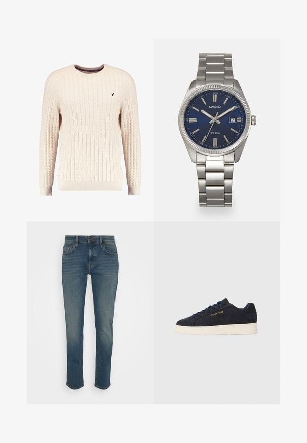 Krémový sveter s káblovým pletením, dlhé rukávy a okrúhly výstrih. Obsahuje rebrované manžety a lem, s malým vyšitým logom na hrudi.; Tmavomodré džínsy so slim fit, s gombíkovým zapínaním, piatimi vreckami a mierne vyblednutým povrchom. Vyrobené z denimovej tkaniny.; Námornícky modré semišové nízke tenisky s bielou podrážkou, námorníckymi šnúrami a zlatým logom "Filling Pieces" na boku.; Strieborné nerezové hodinky s modrým ciferníkom, kovovými hodinovými značkami a dátumovým oknom na 3. hodine. Vodotesné do hĺbky 50 metrov.