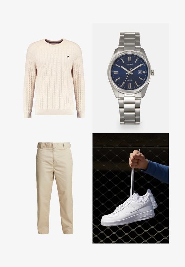 Cremfarbener Kabelle-Strickpullover mit langen Ärmeln und Rundhalsausschnitt. Mit gerippten Bündchen und Saum sowie einem kleinen gestickten Logo auf der Brust.; Beige Baumwollhose mit schmaler Passform, geraden Beinen und Gürtelschlaufen; glatte Textur und minimalistisches Design ohne sichtbare Akzente.; Weiße Leder-Sneaker mit Perforationen, runder Zehenpartie, flacher Sohle und dicken Schnürsenkeln, mit sichtbar eingesticktem Swoosh-Logo und "AIR" an der Ferse.; Silberner Armbanduhr aus Edelstahl mit einem dunkelblauen Zifferblatt, metallischen Stundenmarkierungen und einem Datumsfenster bei 3 Uhr. Wasserdicht bis 50 Meter.
