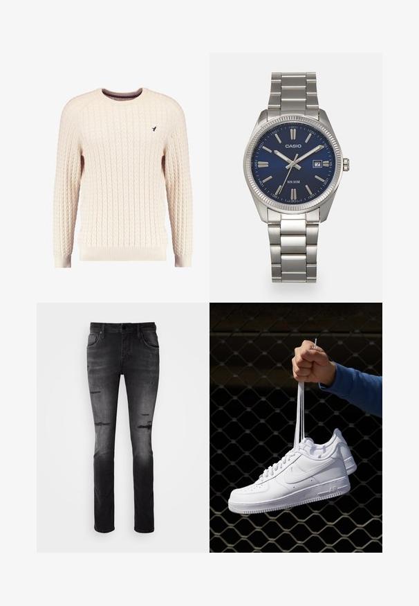 Pull en maille torsadée crème avec manches longues et col ras du cou. Présente des poignets et un ourlet côtelés, avec un petit logo brodé sur la poitrine.; Jeans en denim noir au design ajusté, avec des détails usés et une texture lisse. Style à cinq poches avec une fermeture éclair et un bouton.; Baskets en cuir blanc avec perforations, à bout rond, semelle plate et lacets épais, arborant un logo swoosh visible et "AIR" sur le talon.; Montre-bracelet en acier inoxydable argenté avec un cadran bleu marine, des index métalliques et un affichage de la date à 3 heures. Résistante à l'eau jusqu'à 50 mètres.