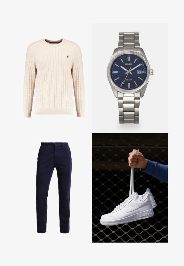 Kremfarget kabelstrikket genser med lange ermer og rund hals. Har ribbestrikkede mansjetter og kant, med en liten brodert logo på brystet.; Marineblå chinos laget av en blanding av bomull, med rett ben-design, frontlommer, glidelås foran og en enkelt knapp i midjen.; Hvite skinnsneakers med perforeringer, rund tå, flat såle og tykke lisser, med en synlig swoosh-logo og "AIR" på hælen.; Sølv rustfritt stål armbåndsur med en marineblå urskive, metalliske timemarkører og et datovindu ved 3-tiden. Vanntett opptil 50 meter.