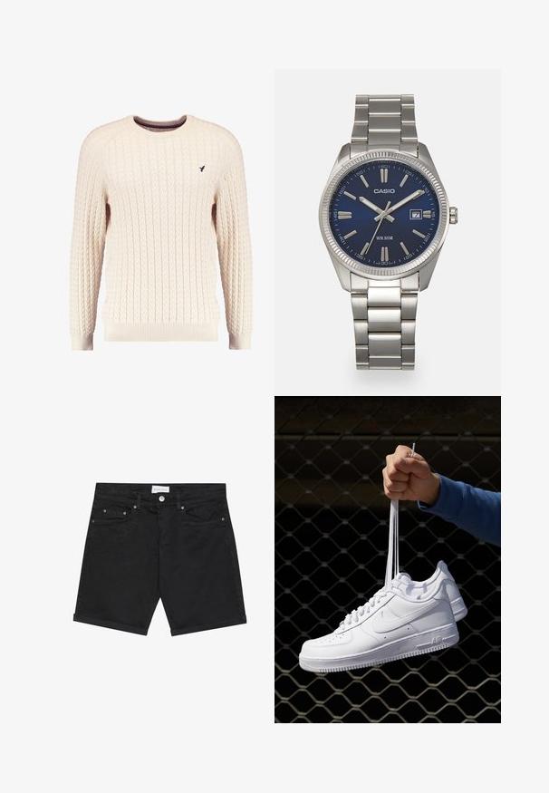 Maglione crema a trama cable con maniche lunghe e colletto tondo. Presenta polsini e orlo a costine, con un piccolo logo ricamato sul petto.; Shorts in denim nero con un taglio classico, dotati di chiusura a bottone, cinque tasche e orli ripiegati. Tessuto liscio con dettagli di pattern sottili.; Sneakers in pelle bianca con perforazioni, punta rotonda, suola piatta e lacci spessi, con logo swoosh visibile e "AIR" sul tallone.; Orologio da polso in acciaio inossidabile argento con quadrante blu navy, indici metallici e finestra della data alle 3. Resistente all'acqua fino a 50 metri.