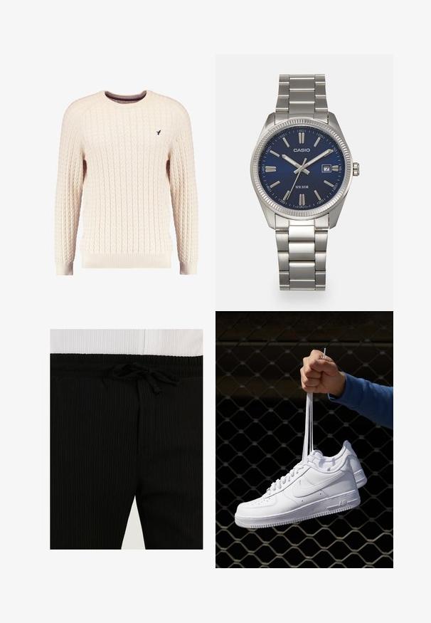 Krēmveida adīta džemperis ar garām piedurknēm un apaļu kakla izgriezumu. Tam ir ribota piedurkņu un apakšmalas apdare, kā arī neliels izsistais logotips uz krūšu daļas.; Melnas ribiņas sporta bikses ar elastīgu jostasvietu un aukliņu detaļu. Audums ir mīksts ar vertikālām līnijām, radot smalku rakstu.; Baltas ādas sporta apavi ar perforācijām, apaļu purngali, plakanu zoli un biezām šņorēm, ar redzamu swoosh logo un vārdu "AIR" uz papēža.; Sudraba nerūsējošā tērauda rokas pulkstenis ar tumši zilu ciparnīcu, metalizētiem stundu rādītājiem un datuma logu pie pulksten 3. Ūdensizturīgs līdz 50 metriem.