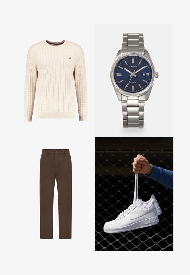 Cremefarvet kabelstrikket sweater med lange ærmer og rund hals. Har ribbede manchetter og kant, samt et lille broderet logo på brystet.; Herre straight-leg chinos i mørkebrun med bæltestropper, sidelommer, knaplukning og lynlåsgylf.; Hvide lædersneakers med perforeringer, rund tå, flad sål og tykke snørebånd, med et synligt swoosh-logo og "AIR" på hælen.; Sølv rustfrit stål urrem med en marineblå urskive, metallic timemarkører og et datovindue kl. 3. Vandafvisende op til 50 meter.