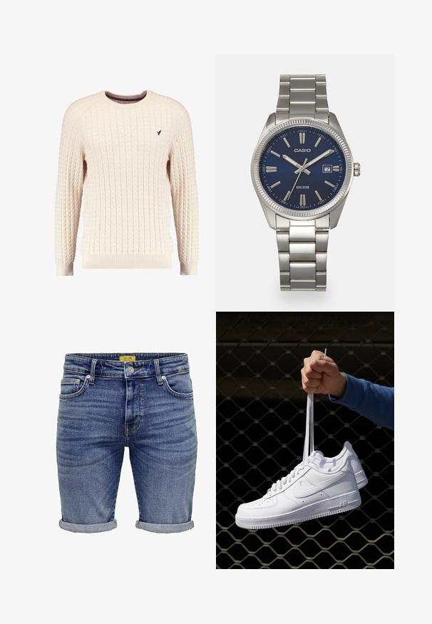 Krem pleteni pulover s dugim rukavima i okruglim izrezom. Ima rebraste manžete i donji rub, s malim izvezenim logom na prsima.; Traper šorcevi u srednje plavoj boji. Sadrže klasični dizajn s pet džepova, uvučene rubove i suptilno izblijedjelu tkaninu. Uključeni metalni detalji.; Bijele kožne tenisice s perforacijama, okruglim vrhom, ravnim potplatom i debelim vezicama, s vidljivim swoosh logom i natpisom "AIR" na peti.; Srebrni sat od nehrđajućeg čelika s tamnoplavim brojčanikom, metalnim oznakama sati i prozorom za datum na 3 sata. Vodootporan do 50 metara.
