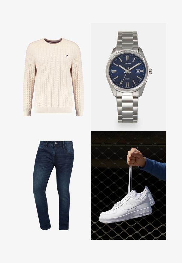 Krémový sveter s káblovým pletením, dlhé rukávy a okrúhly výstrih. Obsahuje rebrované manžety a lem, s malým vyšitým logom na hrudi.; Tmavomodré denimové džínsy so slim fit strihom, s klasickým dizajnom piatich vreciek a kovovým zapínaním na gombík v páse.; Biele kožené tenisky s perforáciami, okrúhlou špičkou, plochou podrážkou a hrubými šnúrkami, pričom majú viditeľné logo swoosh a nápis "AIR" na päte.; Strieborné nerezové hodinky s modrým ciferníkom, kovovými hodinovými značkami a dátumovým oknom na 3. hodine. Vodotesné do hĺbky 50 metrov.